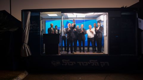Netanyahu speaks to supporters in a modified truck during a campaign event this month.