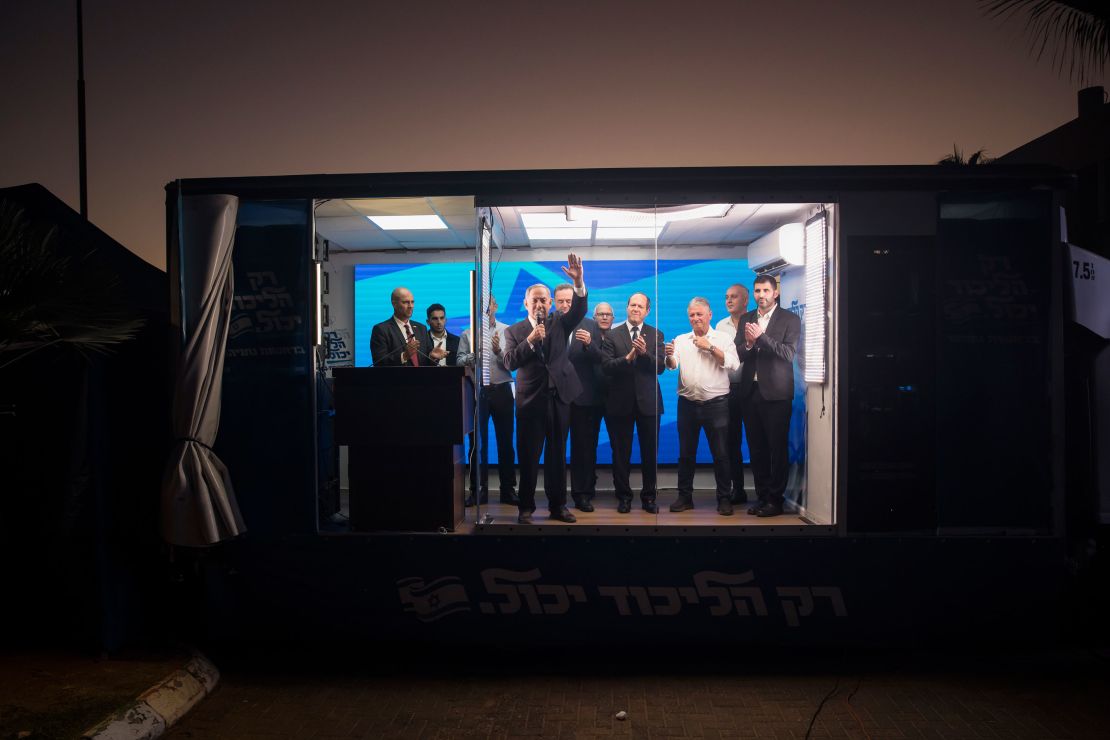 Netanyahu speaks to supporters in a modified truck during a campaign event this month.