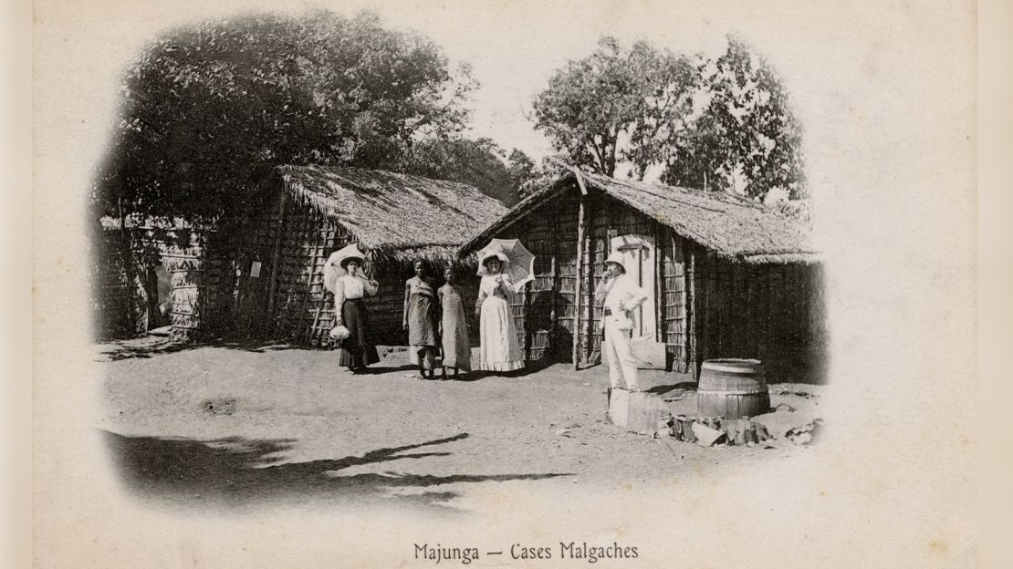 This undated postcard shows traditional Malagasy houses in Mahajanga, Madagascar.
