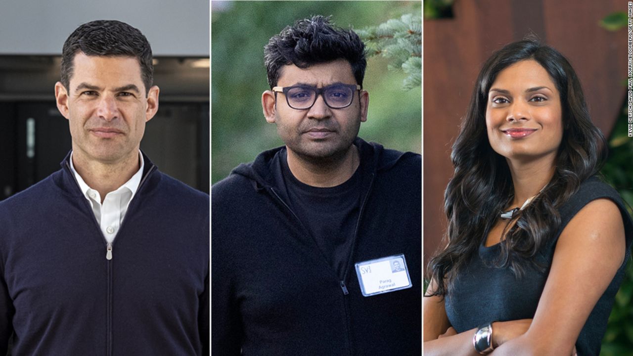 Fired Twitter executives Ned Segal, left, Parag Agrawal, center, and Vijaya Gadde, right, leave the company with $187 million of Elon Musk's money.