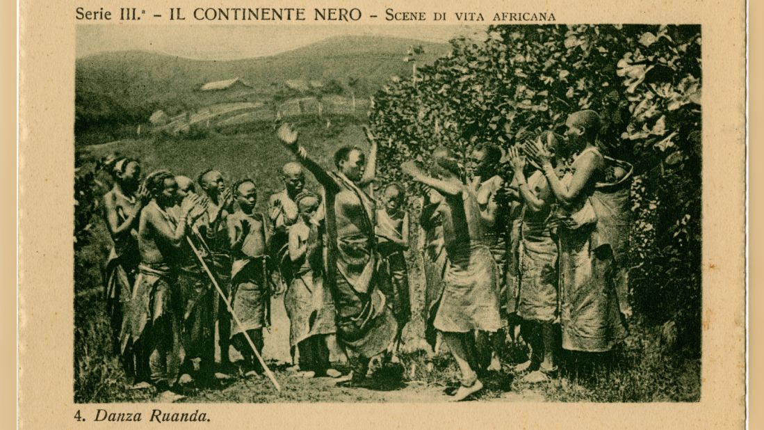 The project is a response to colonial-era postcards of Africa. Hugely popular from the late 19th century to the early 20th century, they often promoted stereotypes and visual caricatures of the continent. This undated postcard shows traditional dancing in Rwanda.