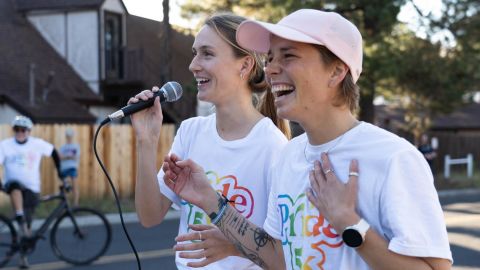 Hiltz and their partner during Pride 5k.