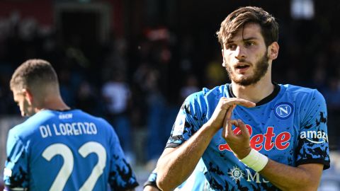 Kvaratskhelia celebrates after scoring Napoli's third goal aganst Torino.