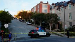 Police tape blocks a street outside the home of Paul Pelosi, the husband of House Speaker Nancy Pelosi, in San Francisco on October 28, 2022.