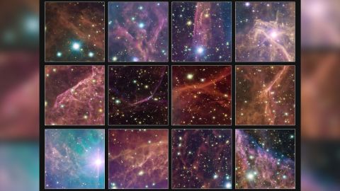 Dazzling colors and starlight swirl together in the new image of the remnant of the Vela supernova.