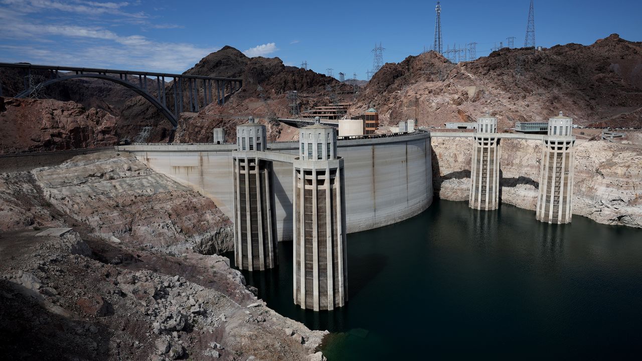 A view of water intake towers at the Hoover Dam on August 19, 2022 at Lake Mead.