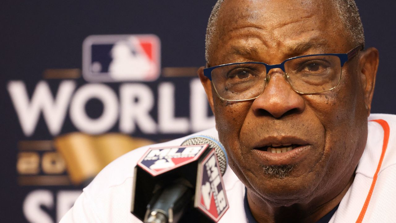 Houston Astros Manager Dusty Baker answers questions from the press at Minute Maid Park on Thursday, October 27, 2022. 