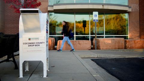 A drop box used to accept early voting ballots is seen outside the Coconino County Recorder's office in Flagstaff, Arizona, on October 20, 2022. 