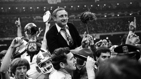 Vince Dooley is carried off the field after Georgia defeated Notre Dame 17-10 in the Sugar Bowl college football game Jan. 1, 1981, in New Orleans.