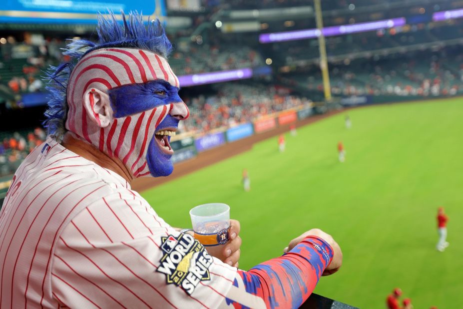 A Phillies fan enjoys the pregame atmosphere at Minute Maid Park.