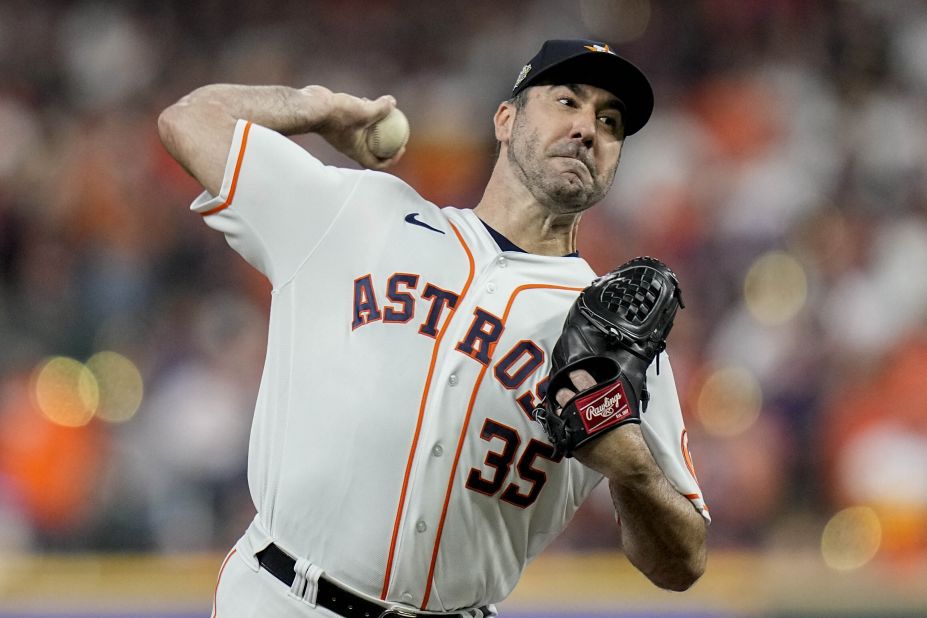 Houston starting pitcher Justin Verlander throws during the first inning of Game 1. He started hot, retiring the first nine batters he faced.