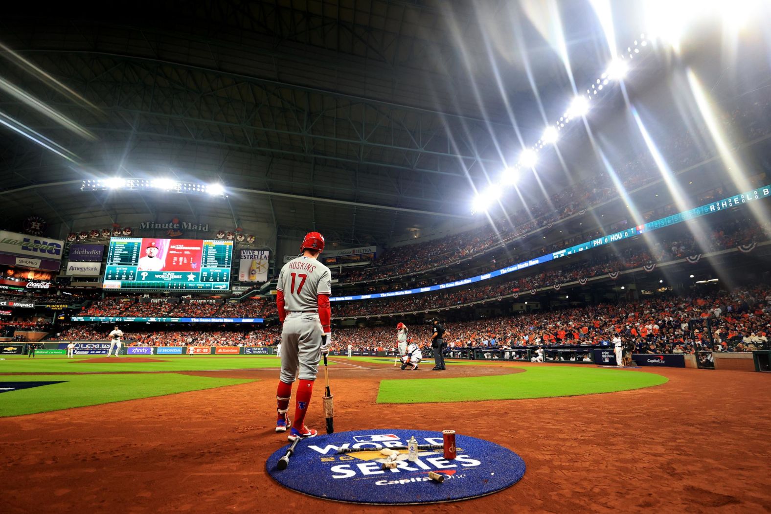 Hoskins stands in the on-deck circle during Game 1.