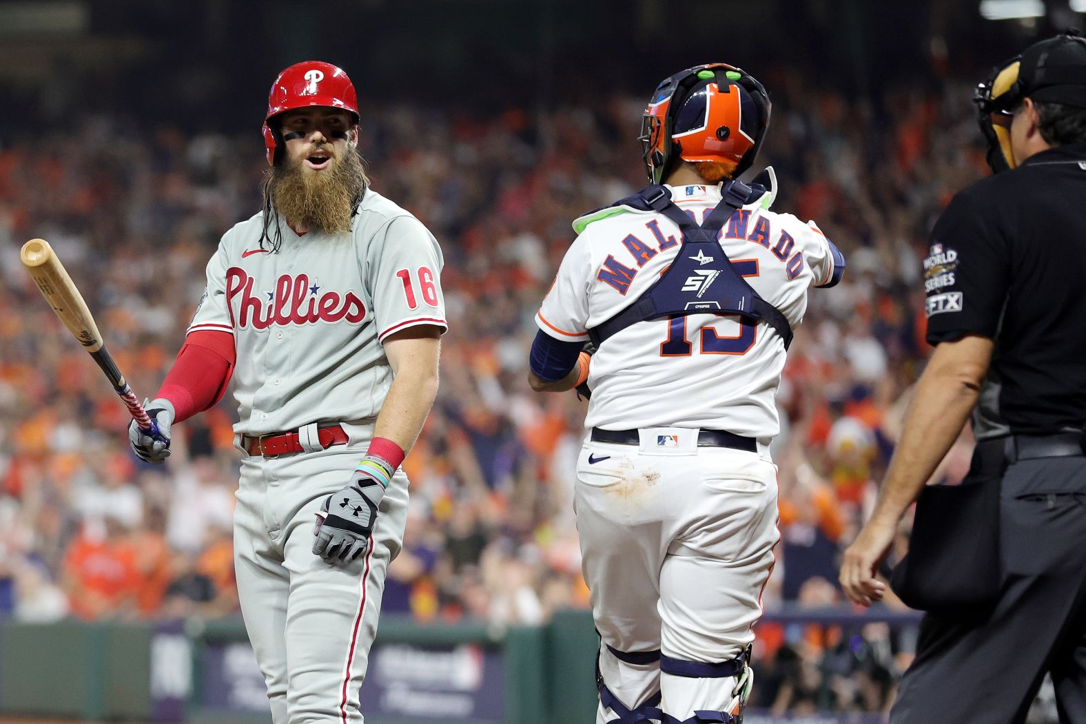 Marsh reacts after being called out on strikes in the third inning.