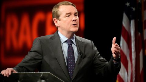 Democratic US Sen. Michael Bennet responds to a question during a televised debate with Republican challenger Joe O'Dea, Friday, October 28, 2022, on the campus of Colorado State University in Fort Collins, Colorado.