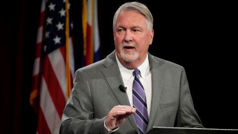 Republican challenger Joe O'Dea speaks during a televised debate with Democratic US Sen. Michael Bennet, Friday, October 28, 2022, on the campus of Colorado State University in Fort Collins, Colorado. 