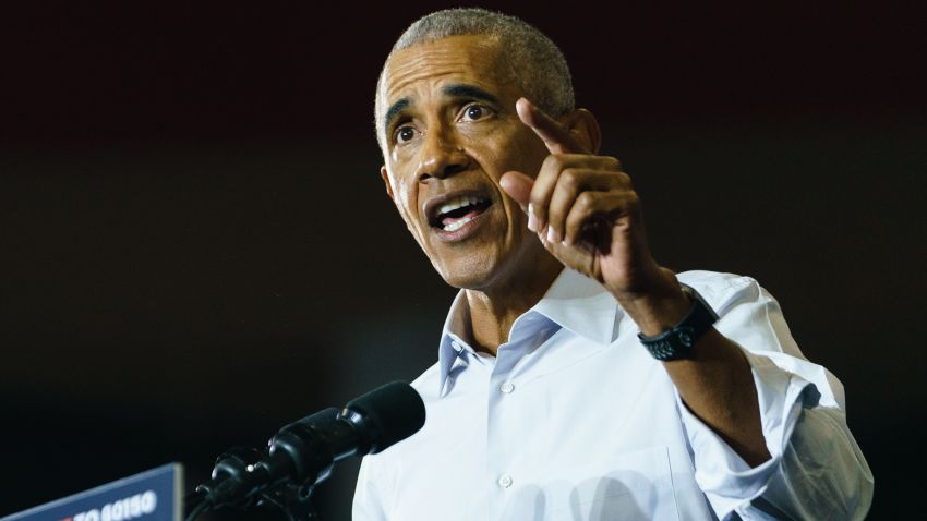 ATLANTA, GA - OCTOBER 28: Former President Barack Obama speaks at a campaign event for Georgia Democrats on October 28, 2022 in College Park, Georgia. Obama is in Georgia in support of Democratic candidates, encouraging voters to turn out. (Photo by Elijah Nouvelage/Getty Images)