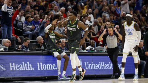 Anthony Edwards celebrates his three-pointer in the fourth quarter at Target Center.