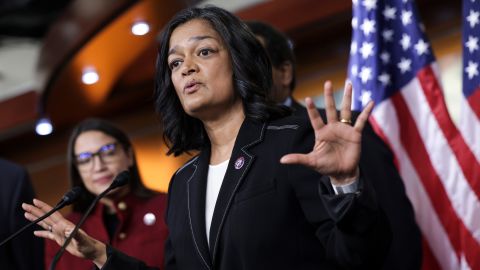 Rep. Pramila Jayapal speaks at a news conference on banning stock trades for members of Congress on Capitol Hill on April 7, 2022.