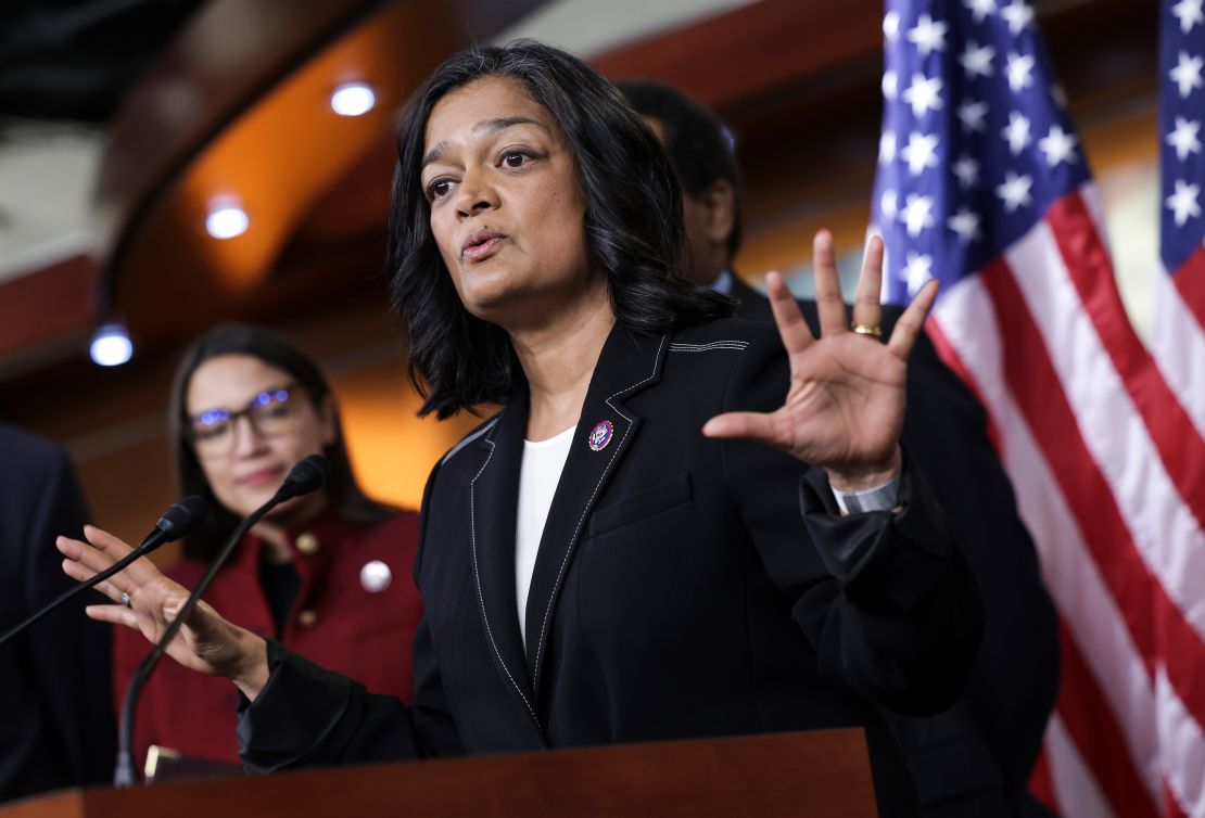 Rep. Pramila Jayapal speaks at a news conference on banning stock trades for members of Congress on Capitol Hill on April 7, 2022.