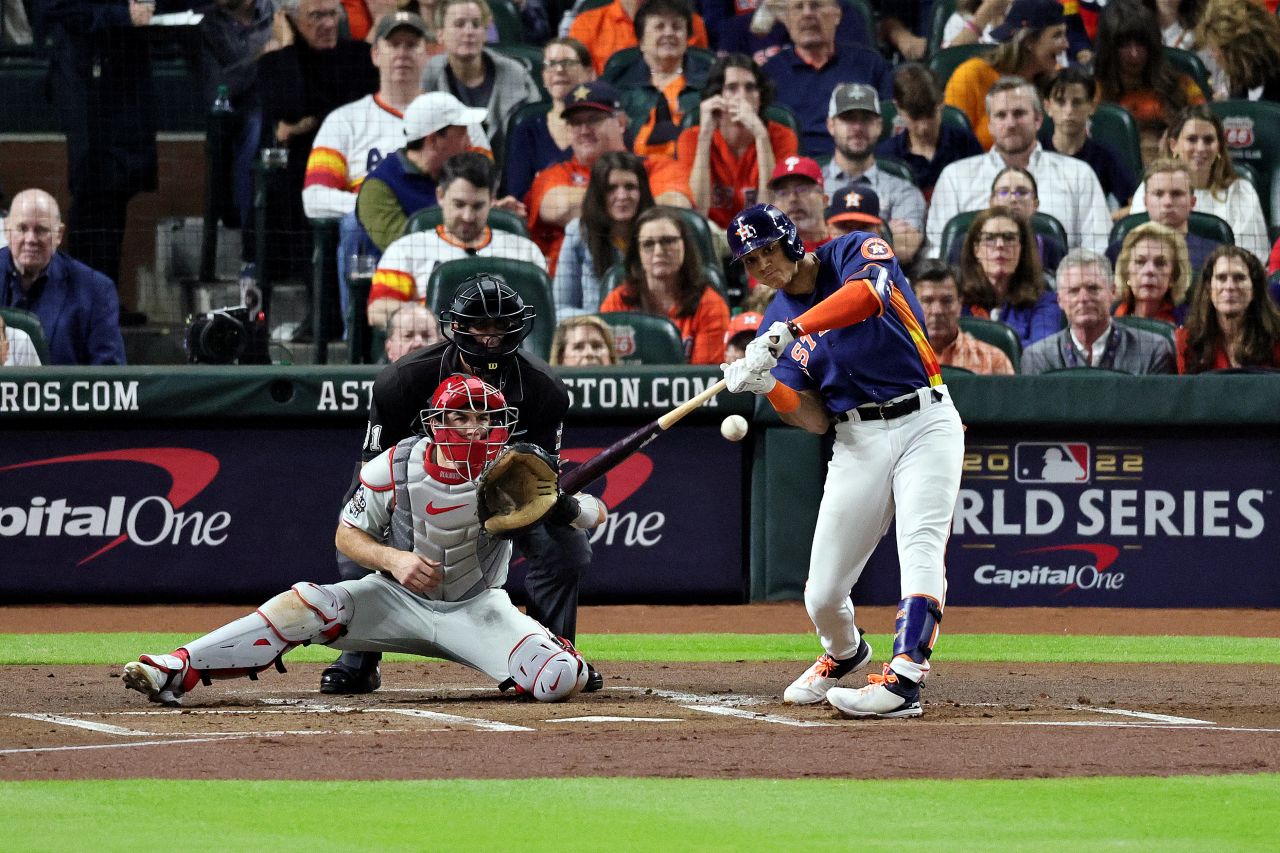 Houston's Jeremy Peña hits an RBI double to open the scoring in Game 2. The Astros started with three straight doubles and took a 3-0 lead after the first inning.