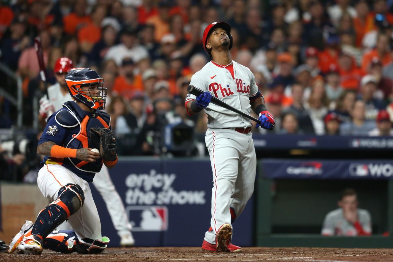 Philadelphia's Jean Segura reacts after striking out in the second inning of Game 2. Astros starter Framber Valdez frustrated the Phillies, striking out nine and allowing only four hits in 6 1/3 innings.