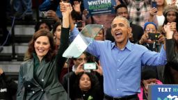 Former US President Barack Obama campaigns for Michigan Governor Gretchen Whitmer (L) during a "Get Out the Vote Rally" ahead of the midterm elections,at Renaissance High School in Detroit, Michigan, on October 29, 2022. (Photo by JEFF KOWALSKY / AFP) (Photo by JEFF KOWALSKY/AFP via Getty Images)