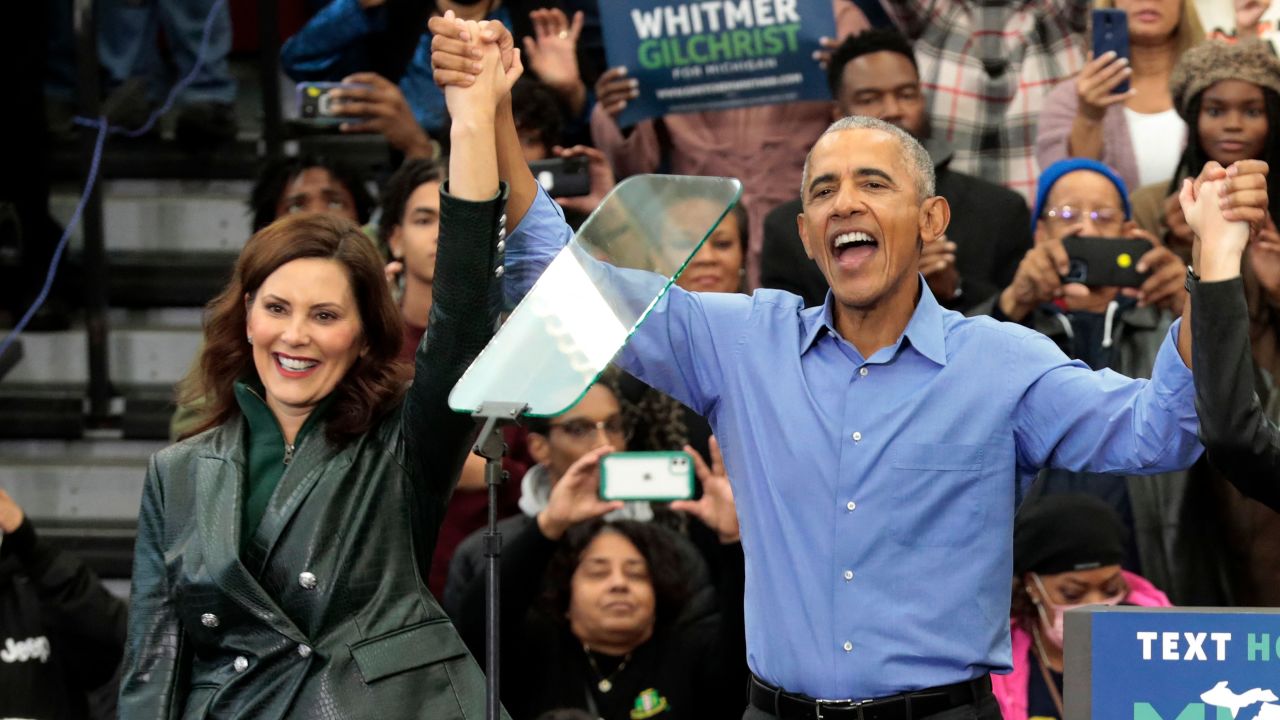 Former US President Barack Obama campaigns for Michigan Gov. Gretchen Whitmer at a rally in Detroit on October 29, 2022.