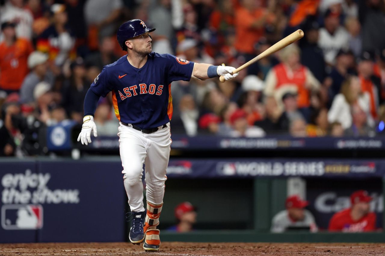 Bregman watches his fifth-inning home run clear the fences in Game 2.