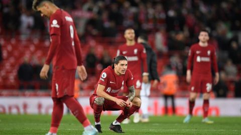 Liverpool's Uruguayan striker Darwin Nunez looks on after the final whistle.