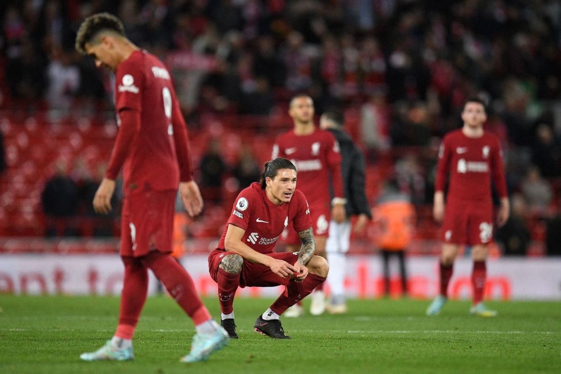 Liverpool's Uruguayan striker Darwin Nunez looks on after the final whistle.