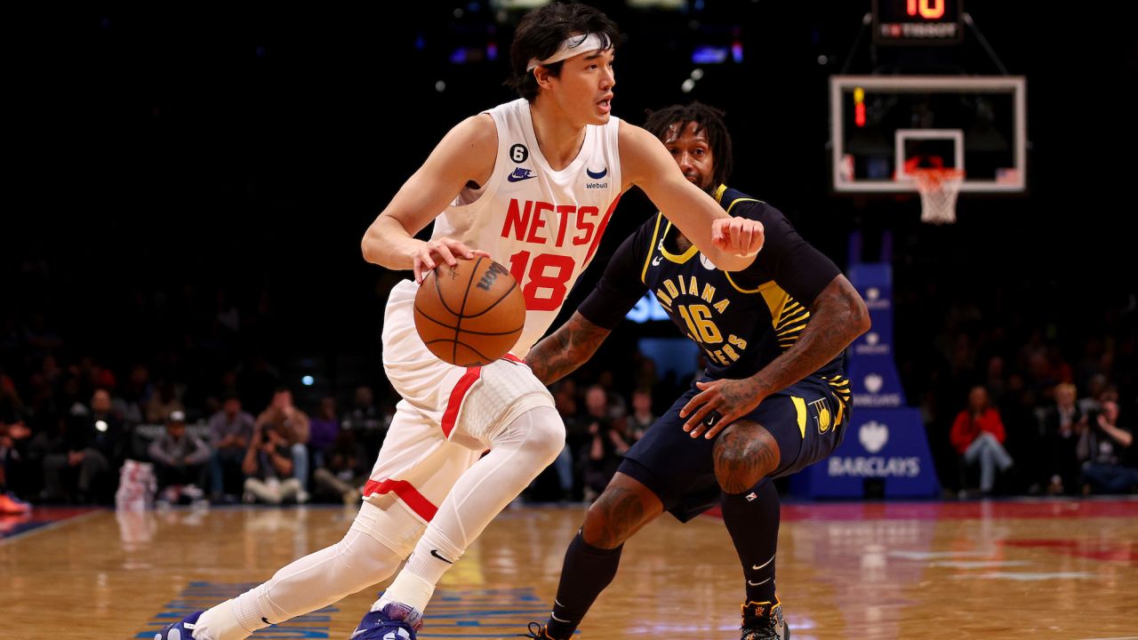 Yuta Watanabe heads for the net as James Johnson of the Indiana Pacers defends in the second quarter at Barclays Center.