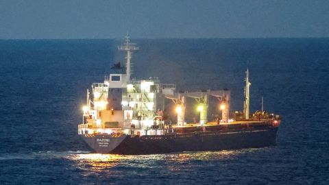 The Sierra Leone-flagged cargo ship Razoni, carrying Ukrainian grain, is seen in the Black Sea off Kilyos, near Istanbul, Turkey, on August 2, 2022.