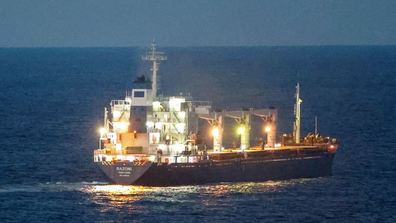 FILE PHOTO: The Sierra Leone-flagged cargo ship Razoni, carrying Ukrainian grain, is seen in the Black Sea off Kilyos, near Istanbul, Turkey August 2, 2022. REUTERS/Yoruk Isik/File Photo