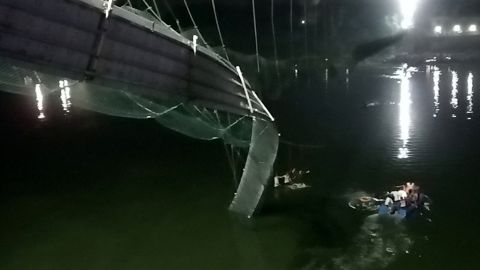 A view shows a damaged part of the suspension bridge in Morbi.