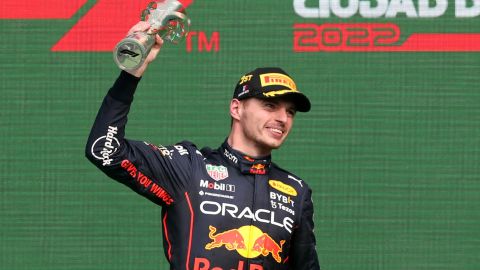 Max Verstappen celebrates on the podium, in Mexico City, Mexico, on Oct. 30, 2022.