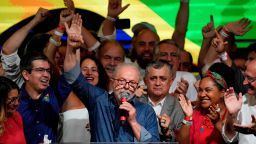 Former Brazilian President Luiz Inacio Lula da Silva raises his fist after addressing supporters in Sao Paulo, Brazil, Sunday, Oct. 30, 2022. Brazil's electoral authority said that the leftist Worker's Party candidate defeated incumbent Jair Bolsonaro to become the country's next president. (AP Photo/Andre Penner)