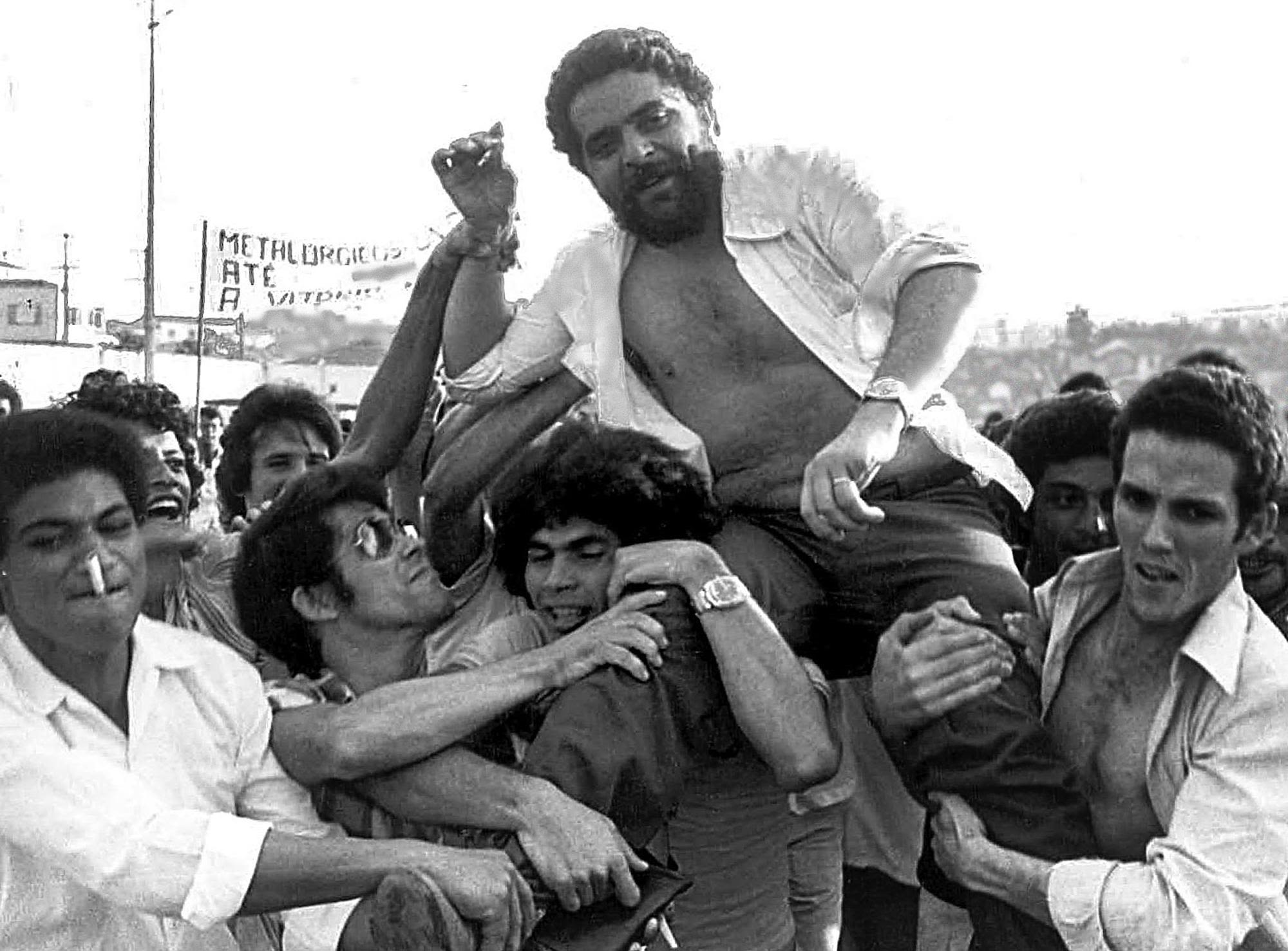 Lula is lifted by his metalworker colleagues after a union rally in São Bernardo do Campo, Brazil, in 1979.