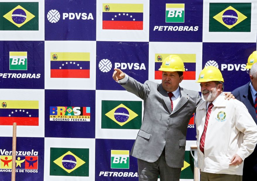 Venezuelan President Hugo Chavez speaks with Lula during the laying of the foundation stone of an oil refinery in Recife, Brazil, in 2005. The refinery would be built by the two national oil companies, Pedevesa from Venezuela and Petrobras from Brazil.