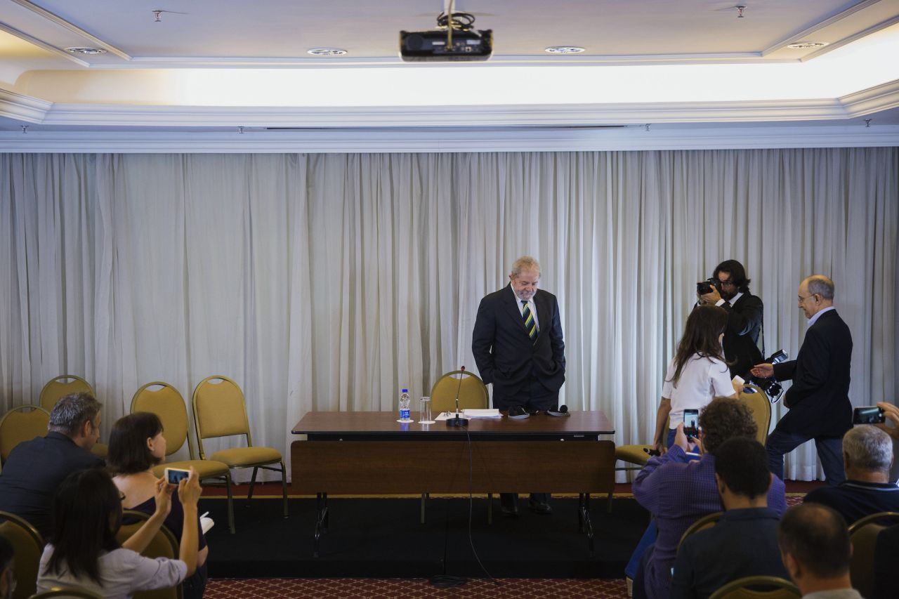 Lula attends a news conference in São Paulo in 2016. He was facing corruption charges, which eventually led to his imprisonment. The sentences were later annulled, paving the way for him to run for re-election.