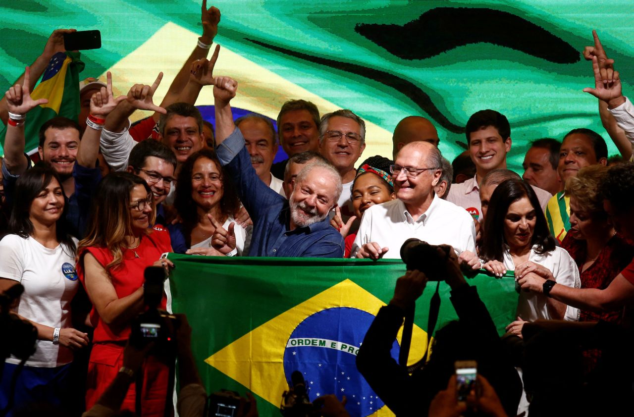 Lula celebrates with supporters in São Paulo after winning the run-off election October 30.