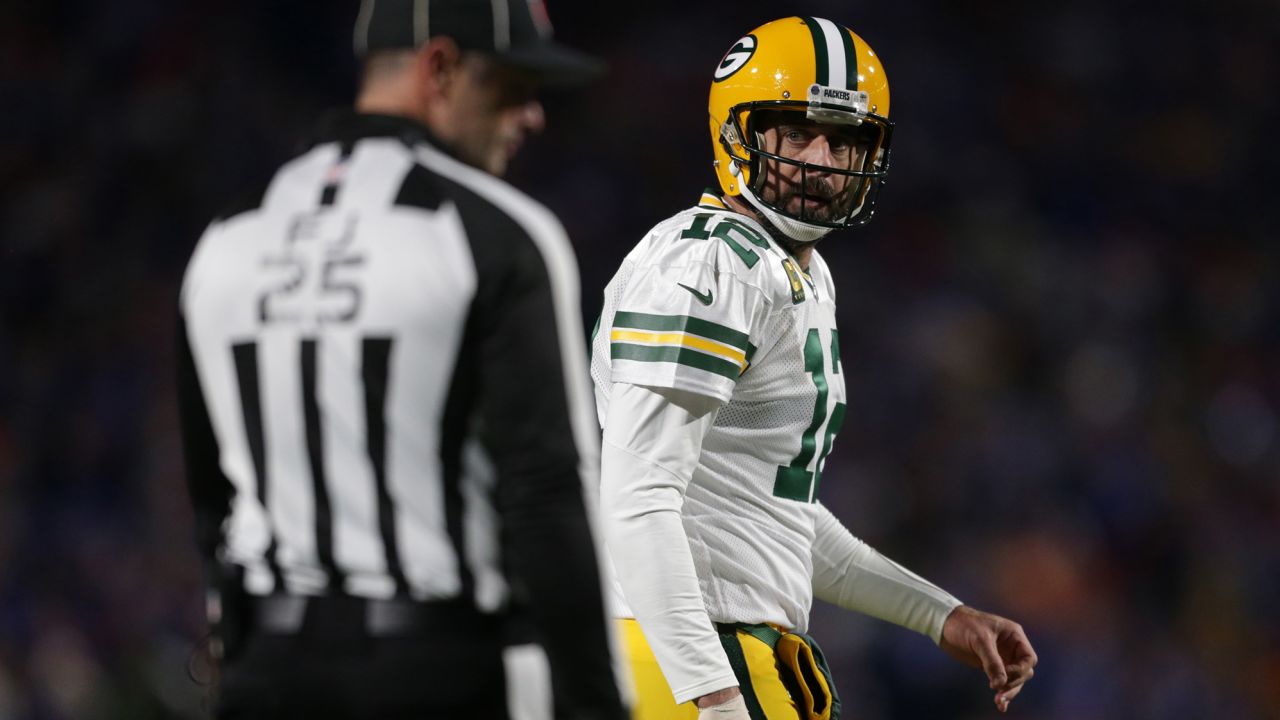 Rodgers reacts after a touchdown was called back due to a penalty during the third quarter against the Bills.