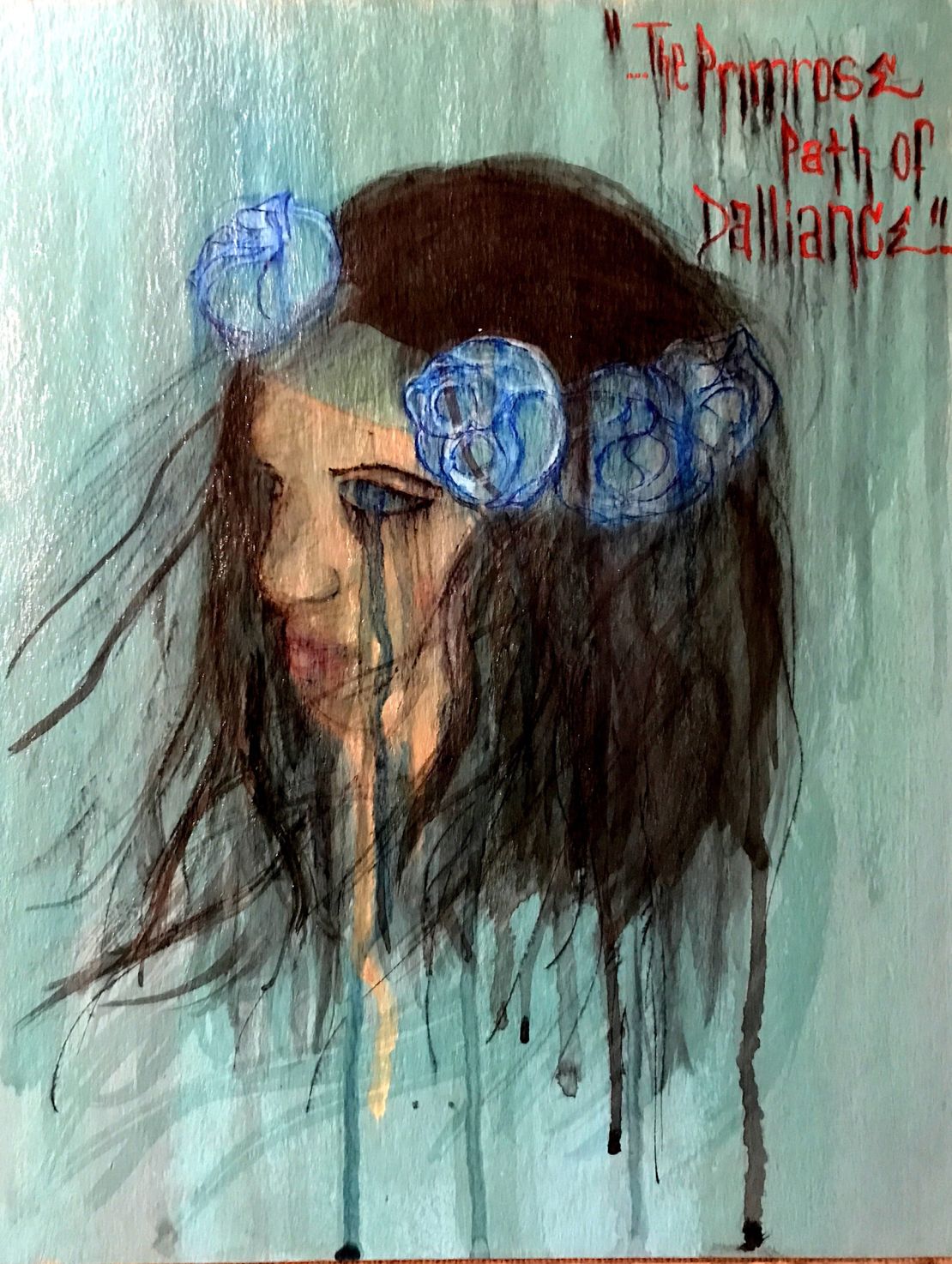 "Ophelia Drowning," a watercolor painting created by Noe Martinez during his incarceration. Martinez took a Shakespeare course while in prison, and this artwork was inspired by a character from "Hamlet." 