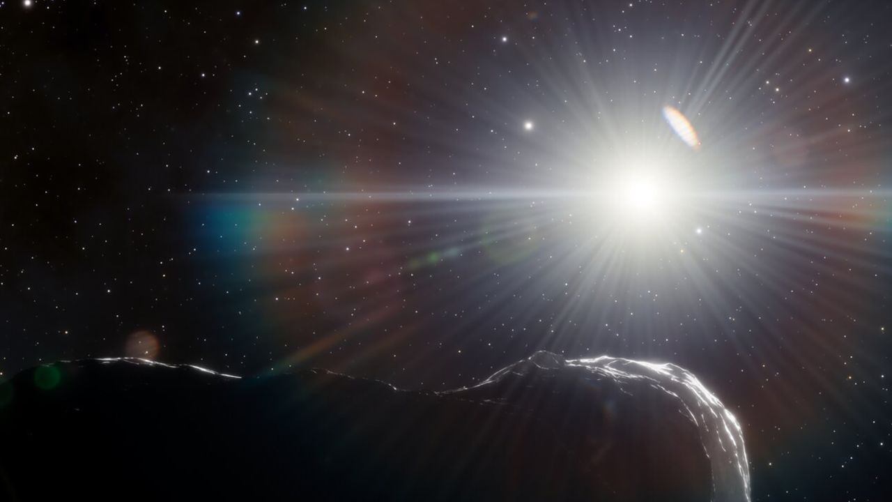 This artist's illustration depicts an asteroid that orbits closer to the sun than Earth's orbit