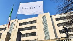 The logo of Stellantis is seen on a flag at the main entrance of FCA Mirafiori plant in Turin, Italy, January 18, 2021. 