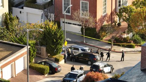 In an aerial view, San Francisco police officers and FBI agents gather in front of the home of Speaker Nancy Pelosi on October 28, 2022, in San Francisco. 