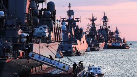 Russian warships are seen ahead of the Navy Day parade in the Black Sea port of Sevastopol, Crimea, on July 23, 2021.