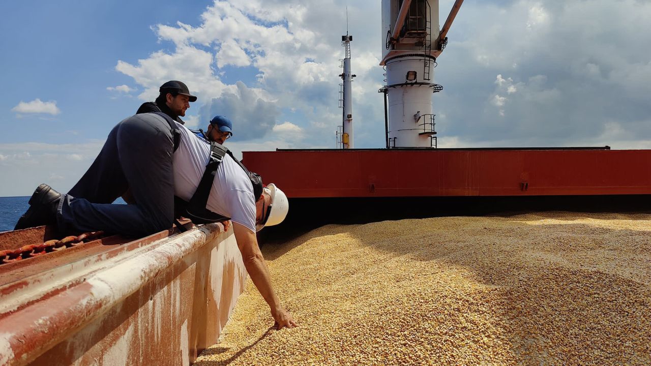 Representatives of Russia, Ukraine, Turkey and the United Nations  inspect the ship Razoni, which left Odesa loaded with corn and anchored by the Bosphorus Strait in Istanbul, Turkey, on August 3, 2022.
