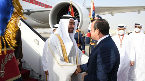 Egyptian President Abdel Fattah Al-Sisi (R) welcomes then Crown Prince of Abu Dhabi, Mohammed bin Zayed (L) at Cairo International Airport on April 24, 2022. 