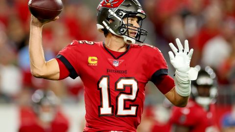 Brady throws a pass against the Baltimore Ravens at Raymond James Stadium on October 27, 2022 in Tampa, Florida. 