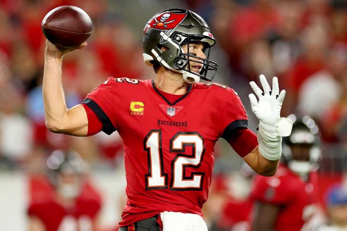 Brady throws a pass against the Baltimore Ravens at Raymond James Stadium on October 27, 2022 in Tampa, Florida. 